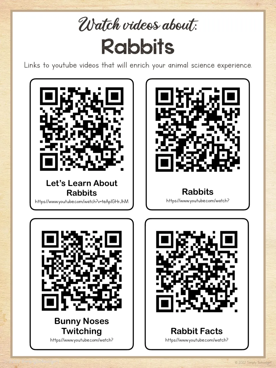 Rabbit video resource page with four QR codes for clips including 'Bunny Noses Twitching' and 'Rabbit Facts'