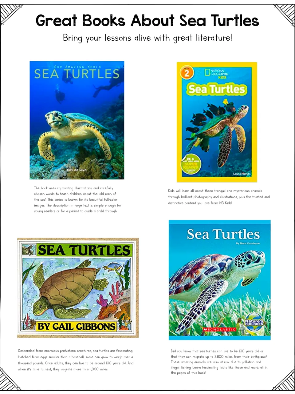 Great Books About Sea Turtles: four picture book covers, including Gail Gibbons and National Geographic Kids, with blurbs