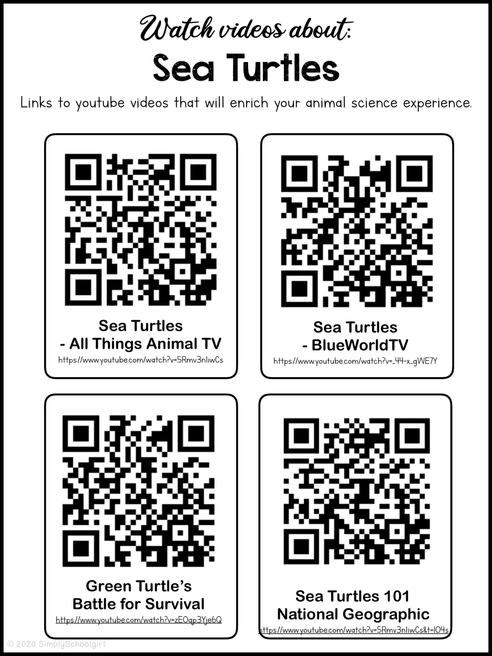 Watch videos about sea turtles: four QR codes and YouTube links, such as Sea Turtles 101 from National Geographic