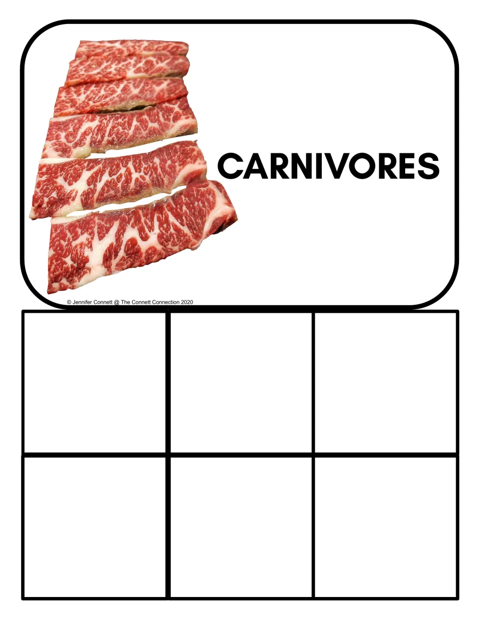 Carnivores sorting mat: students place six meat-eating animal cards in the spaces under the meat-pictured header