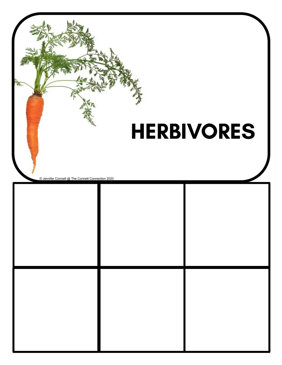 Herbivores sorting mat: students classify plant-eating animals by placing six picture cards under the carrot header