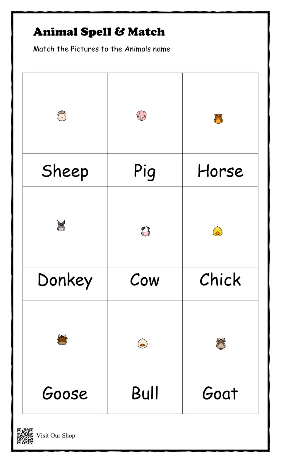 Farm animal names: students match sheep, pig, horse, donkey, cow, chick, goose, bull and goat faces to each word