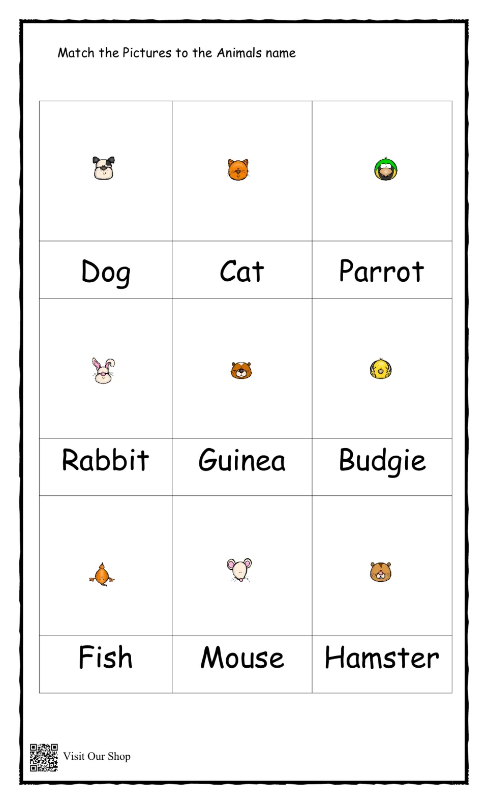 Pet names: students match dog, cat, parrot, rabbit, guinea pig, budgie, fish, mouse and hamster faces to words