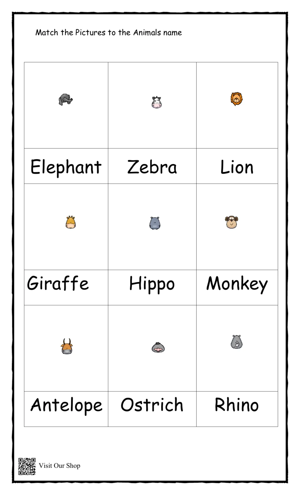 Wild animal names: students match elephant, zebra, lion, giraffe, hippo, monkey, antelope, ostrich and rhino faces
