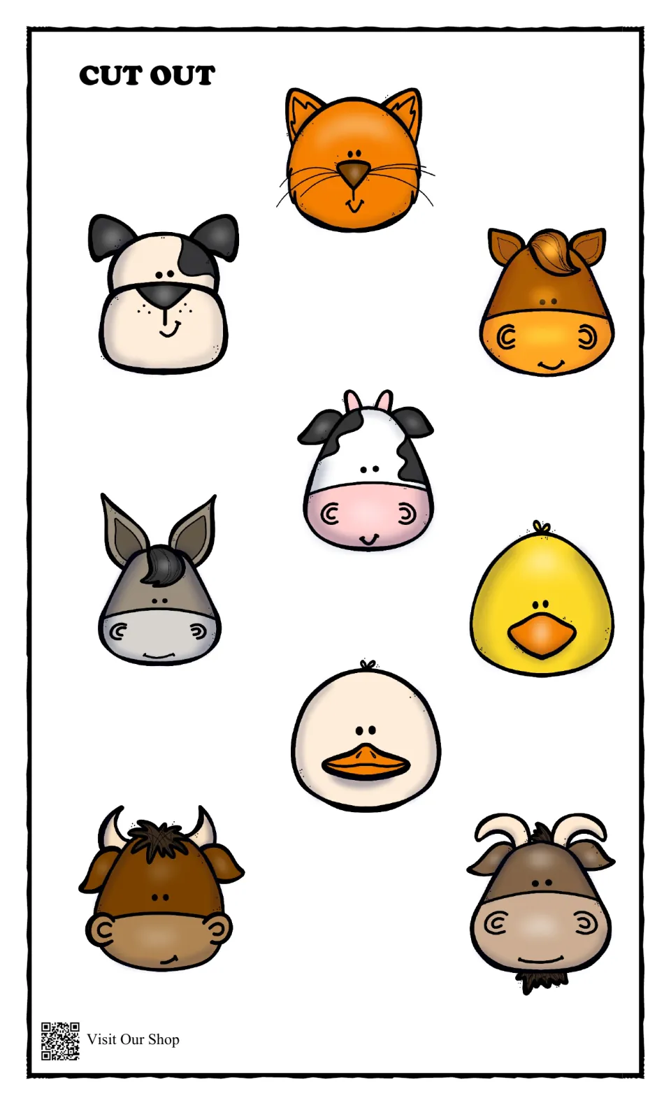 Cut-out animal faces: cat, dog, horse, cow, donkey, chick, goose, bull and goat to cut and glue by matching names