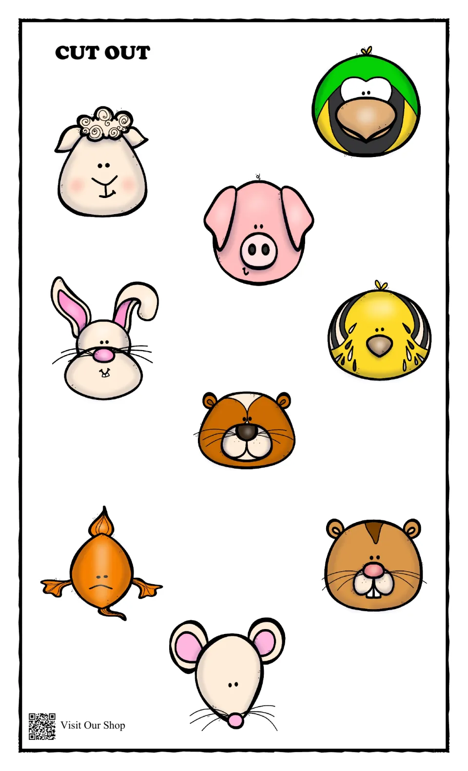 Cut-out faces: sheep, pig, parrot, rabbit, budgie, guinea pig, goldfish, hamster and mouse to glue by names