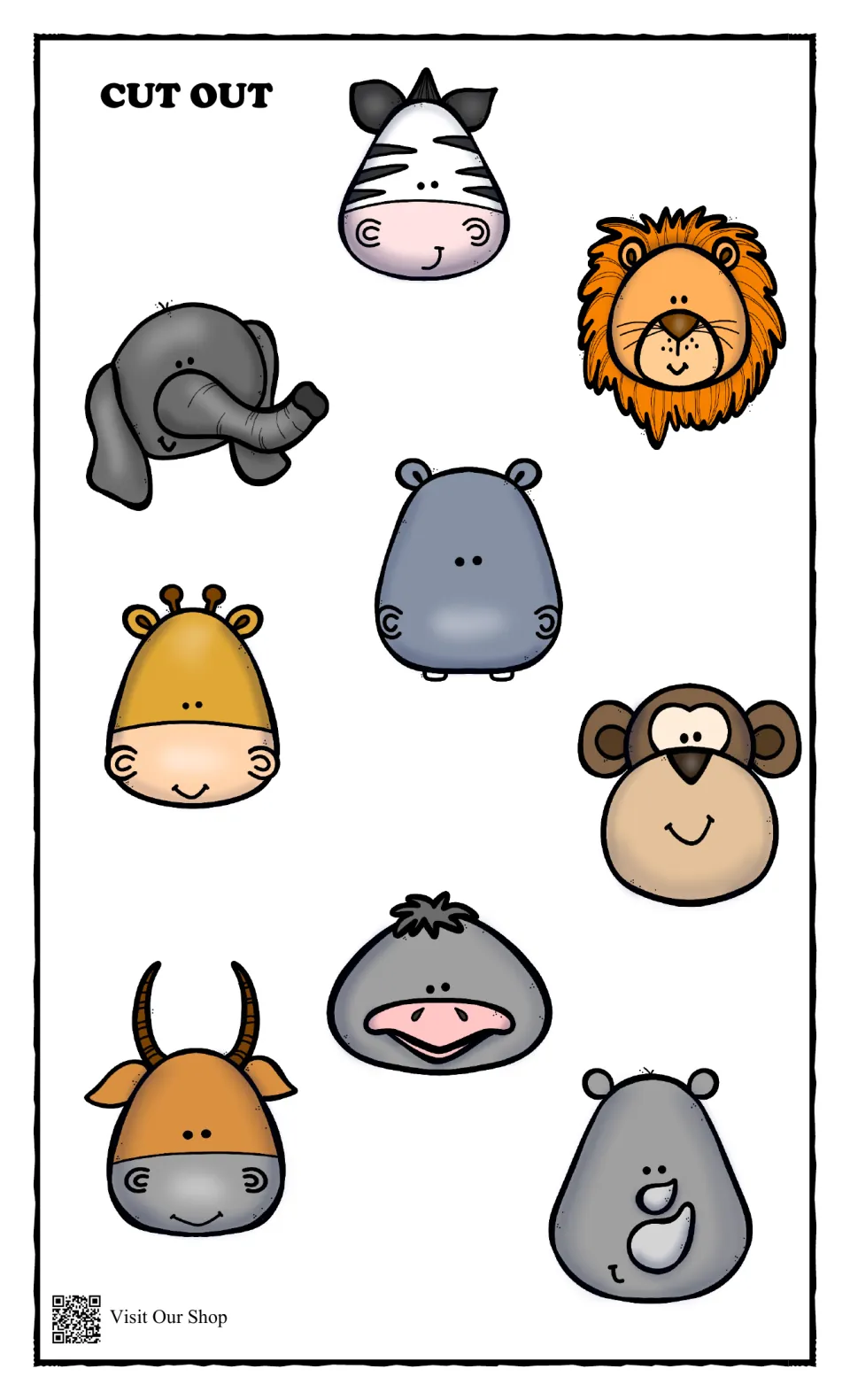 Cut-out safari faces: zebra, lion, elephant, hippo, giraffe, monkey, antelope, ostrich and rhino to glue by name