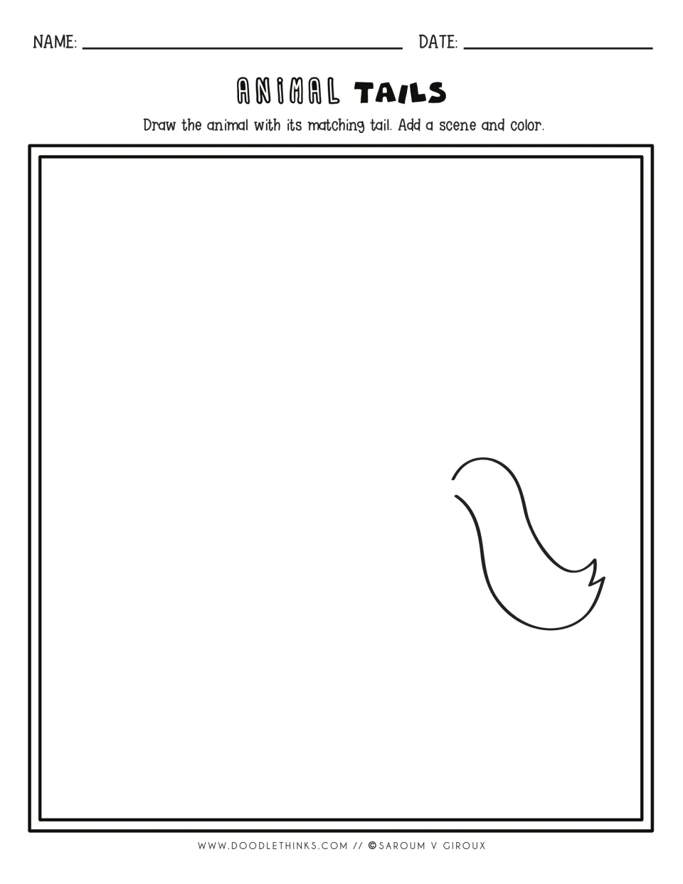 Animal tails prompt: a bushy curled tail sits on the right; students draw the animal it belongs to, add a scene and color
