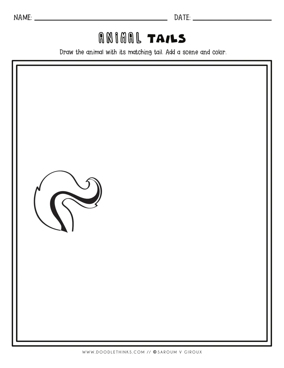 Finish-the-picture prompt: a black-and-white striped tail at left; students draw the matching animal, its scene and color
