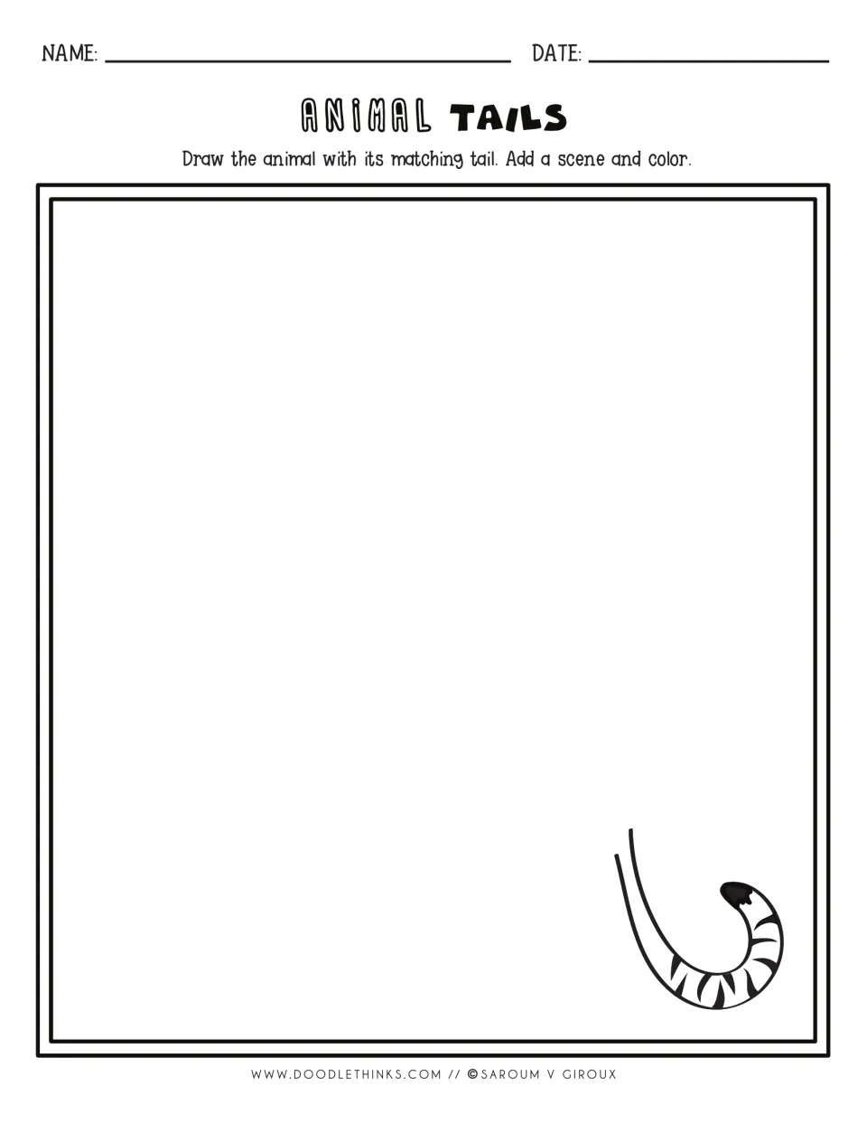 Drawing prompt: a striped tail with a dark tip curls from the bottom right; students add the animal, a setting and color
