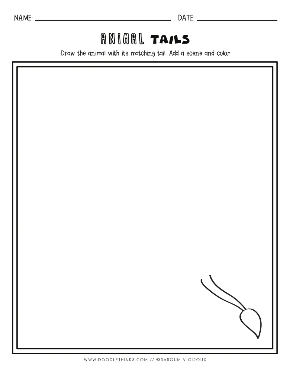 Drawing prompt: a thin tail ending in a leaf-shaped tuft at bottom right; students draw its animal in a scene and color