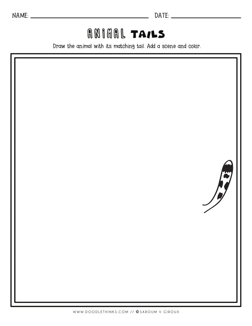 Drawing prompt: a spotted tail on the right edge; students draw the rest of the animal around it, add a scene, and color