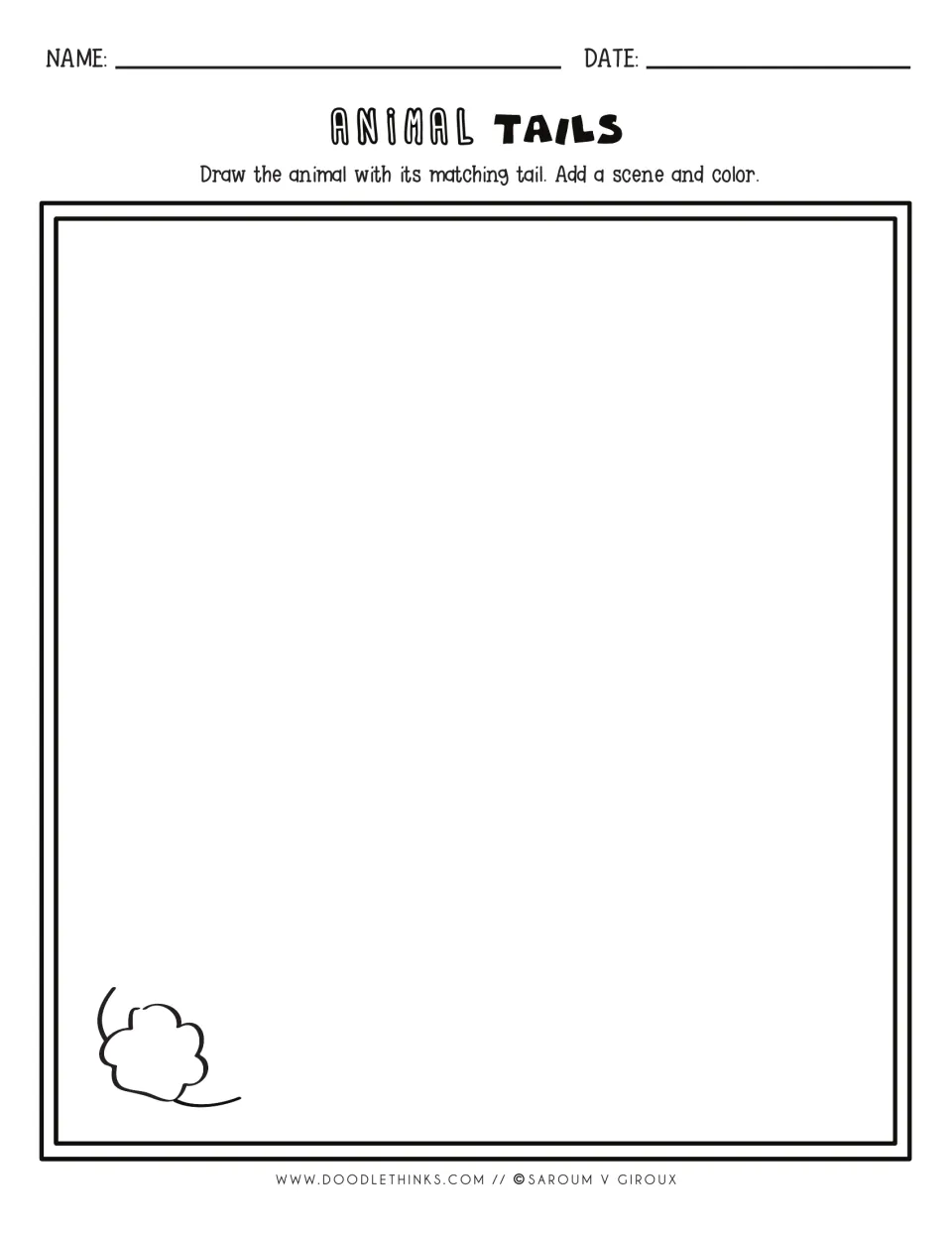 Drawing prompt: a small puffball tail in the bottom left corner; students build the animal from it, add a scene and color