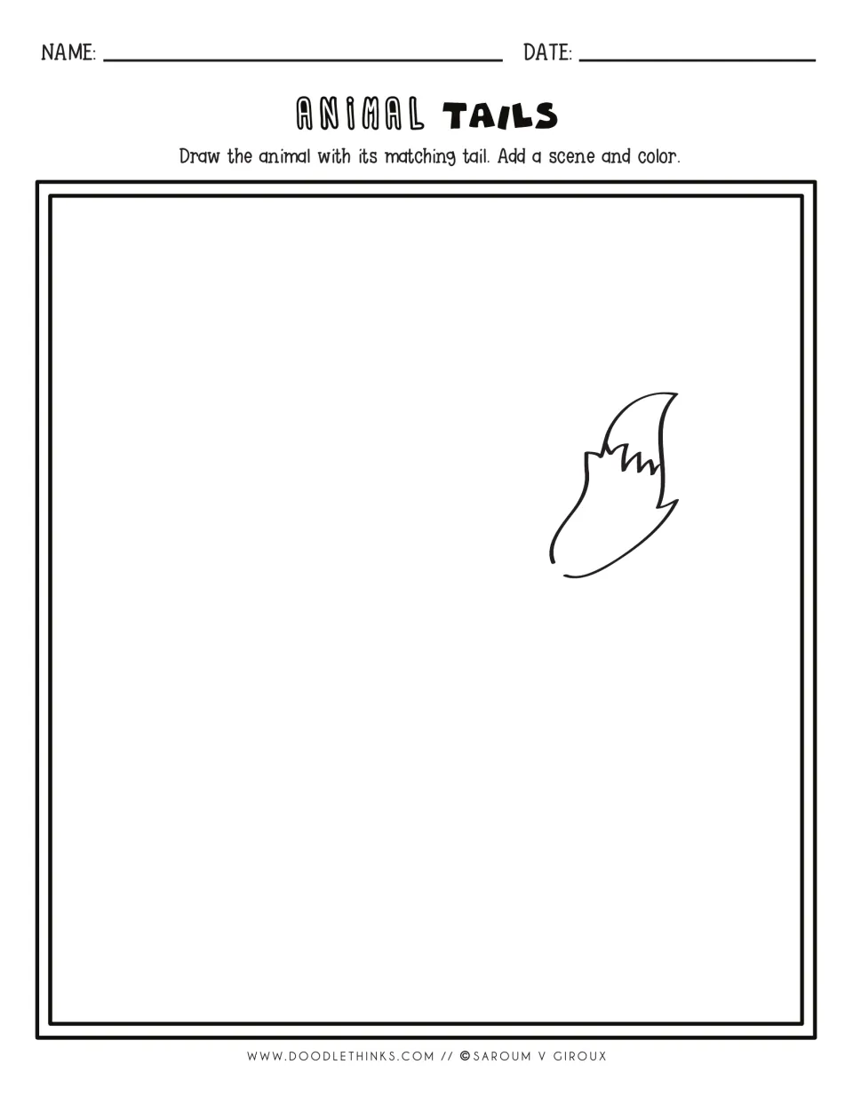 Drawing prompt: a bushy tail with a jagged fur-tipped end near upper right; students draw the animal, scene and color
