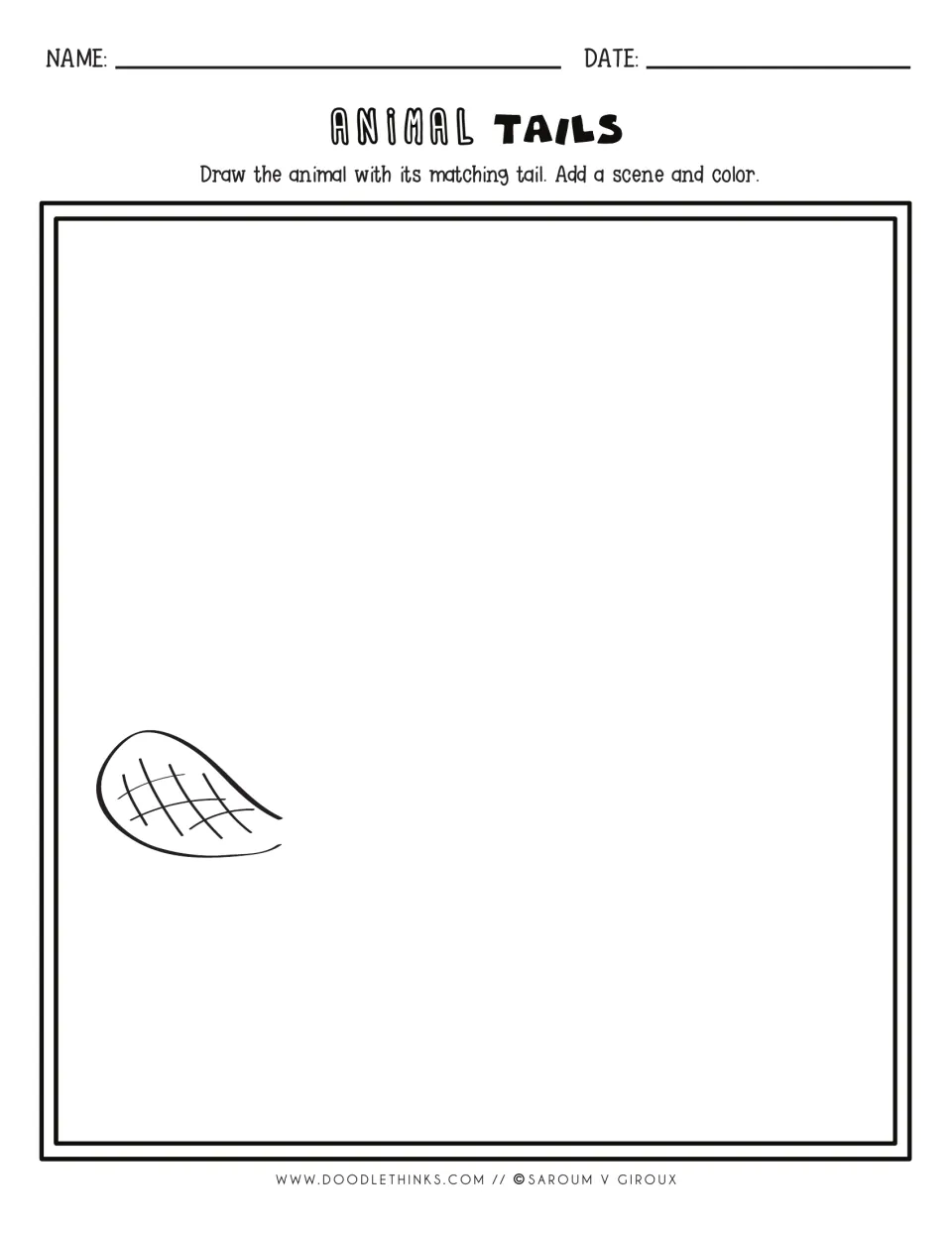Drawing prompt: a paddle-shaped tail with crosshatch texture at left; students draw the animal, add a scene and color
