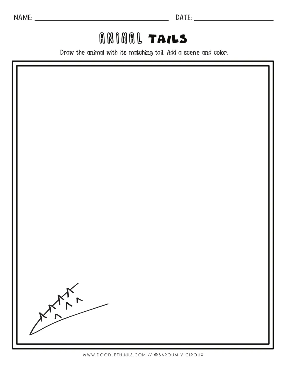 Drawing prompt: a tapering tail with spiky ridges at bottom left; students draw the creature, its scene and color