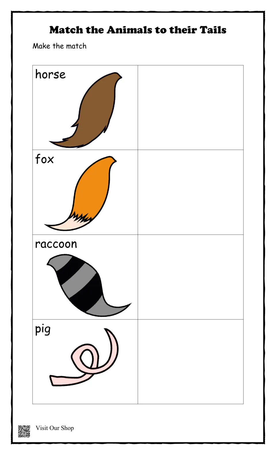 Animal tails matching: students pair the labelled horse, fox, raccoon and pig tails with the right animal beside each one