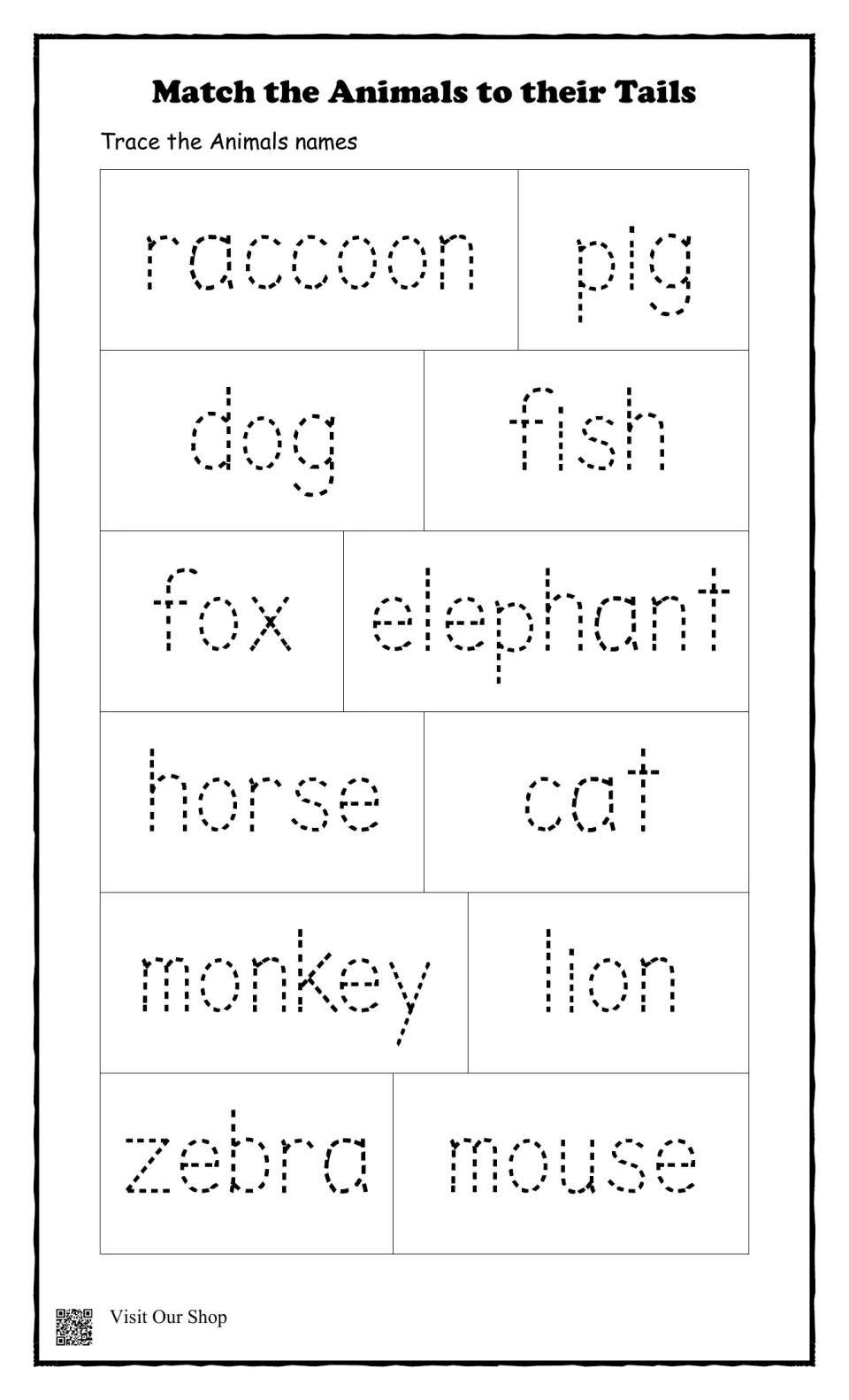 Name tracing: students trace dotted words for the 12 animals, from raccoon, pig and dog to monkey, lion, zebra and mouse