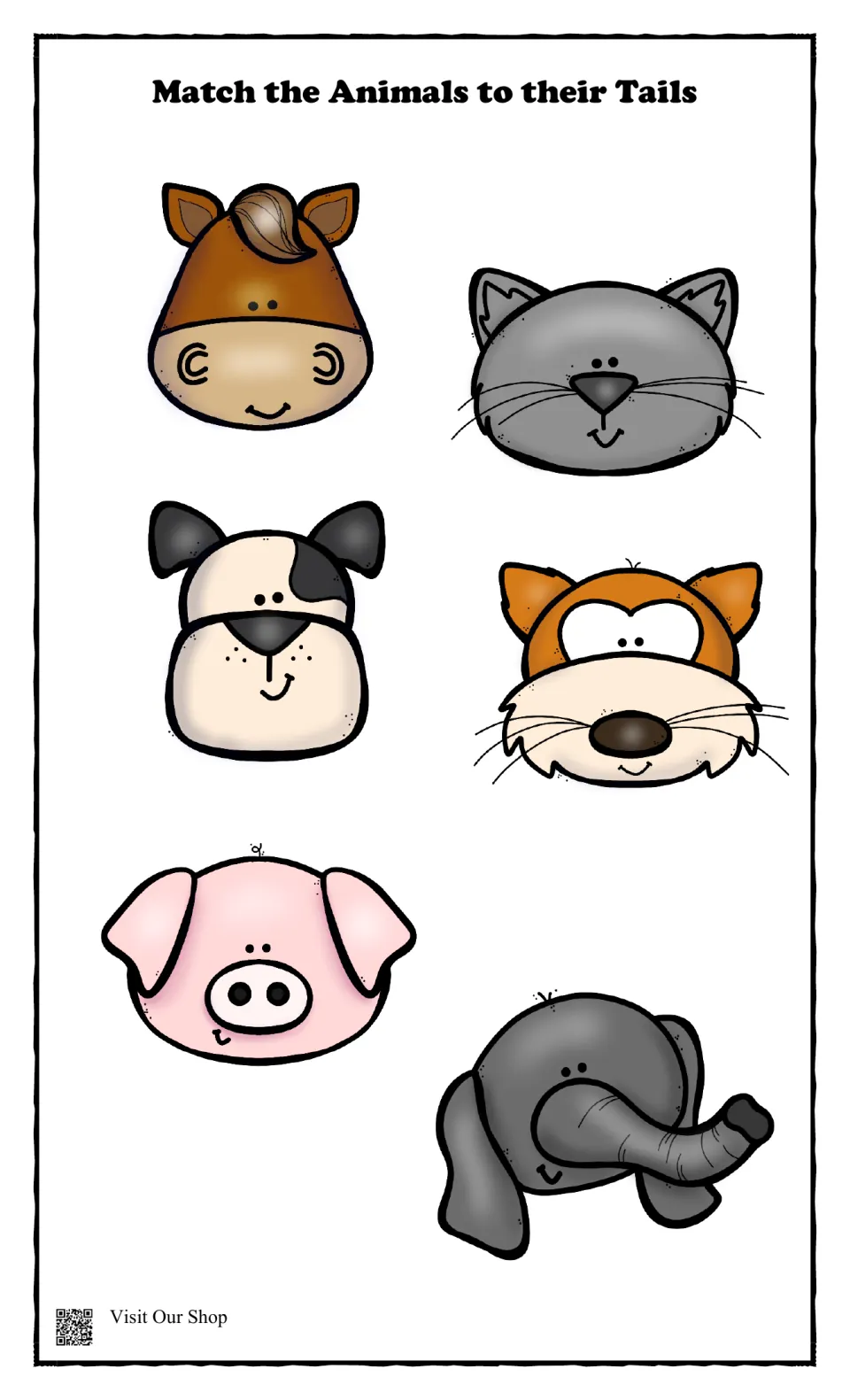 Animal faces for matching: horse, cat, dog, fox, pig and elephant heads to pair with their tails on the matching pages