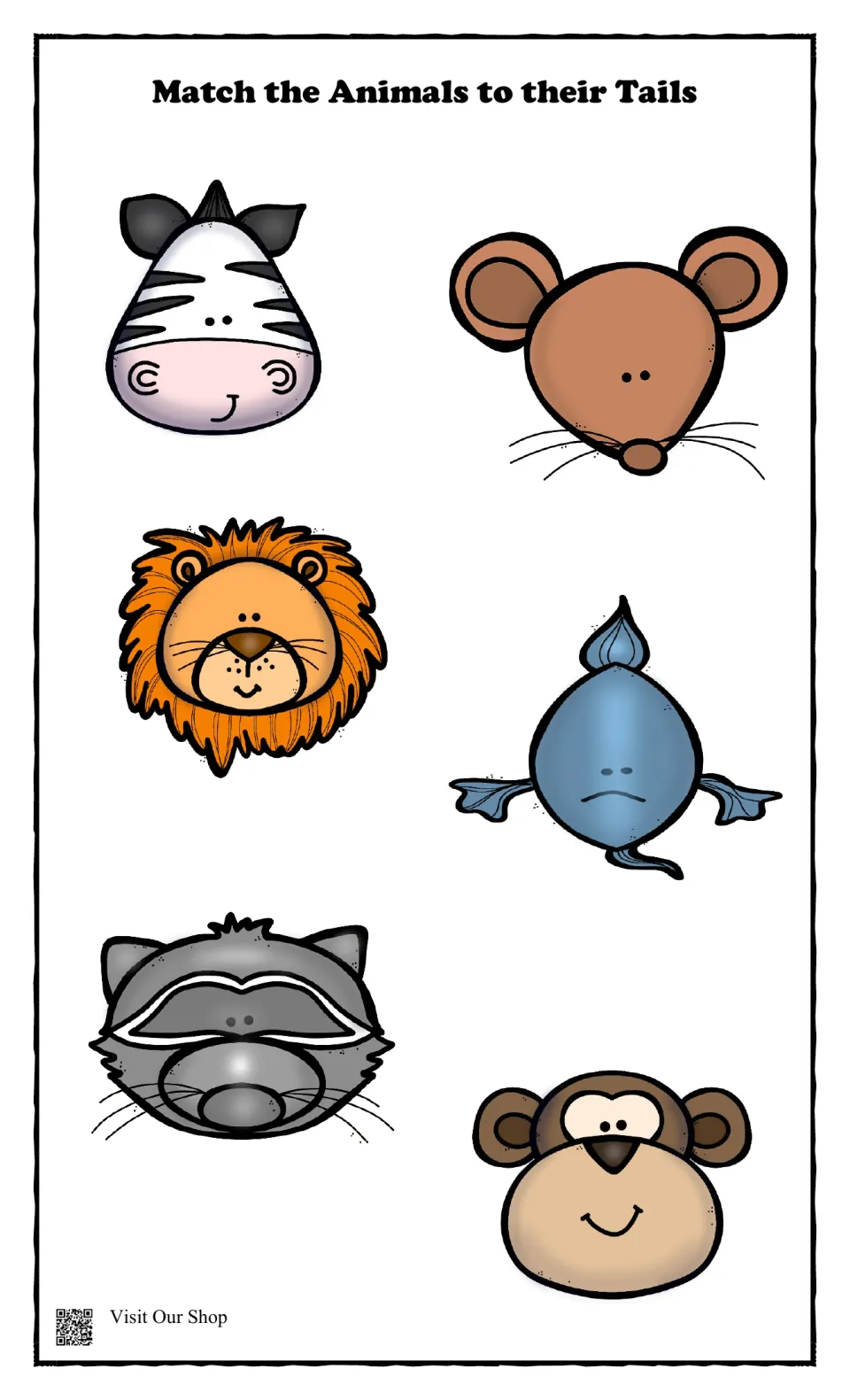 Animal faces for matching: zebra, mouse, lion, fish, raccoon and monkey heads to pair with their tails on the matching pages