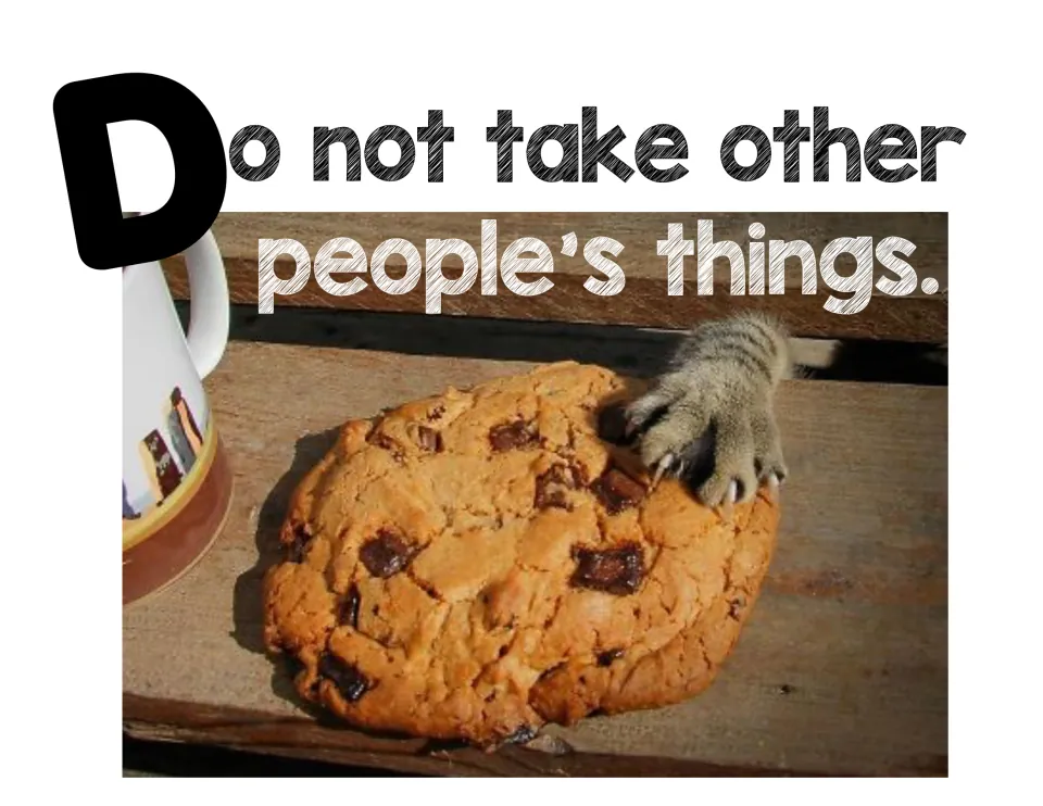 Respect property rule poster: 'Do not take other people's things' with a cat paw reaching for a chocolate chip cookie