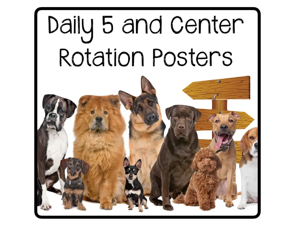 Cover of the Daily 5 and center rotation poster set, introducing animal-themed classroom reference signs