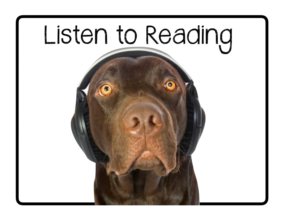 Listen to Reading poster in the center rotation set, featuring a brown dog wearing a pair of headphones