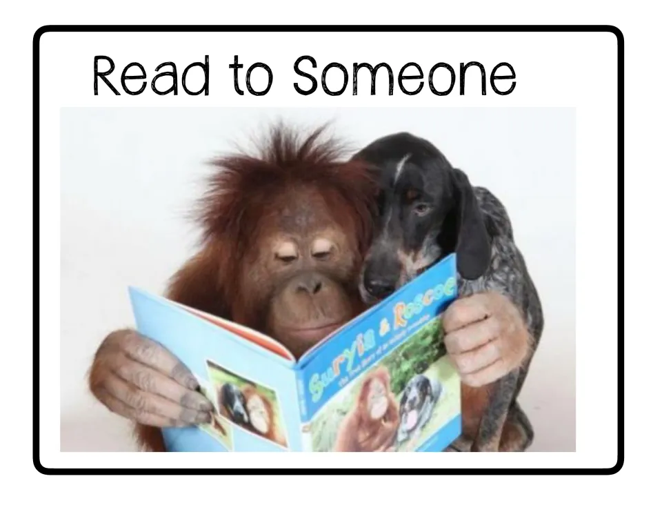 Read to Someone poster in the center rotation set, featuring an orangutan and a dog sharing a book