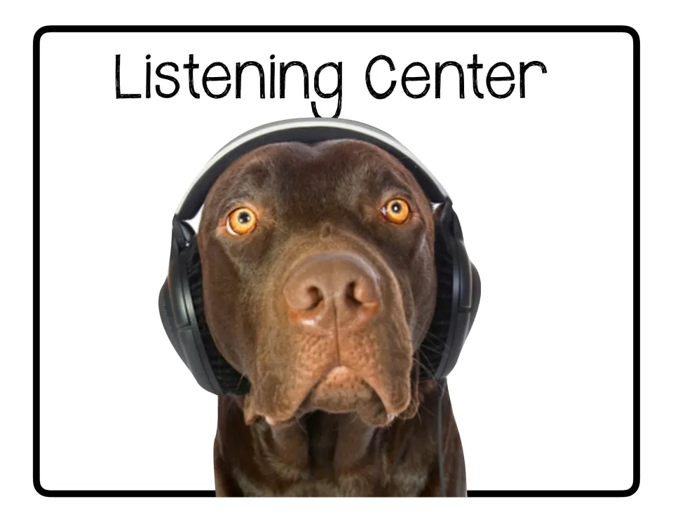 Listening Center poster in the center rotation set, featuring a brown dog wearing a pair of headphones