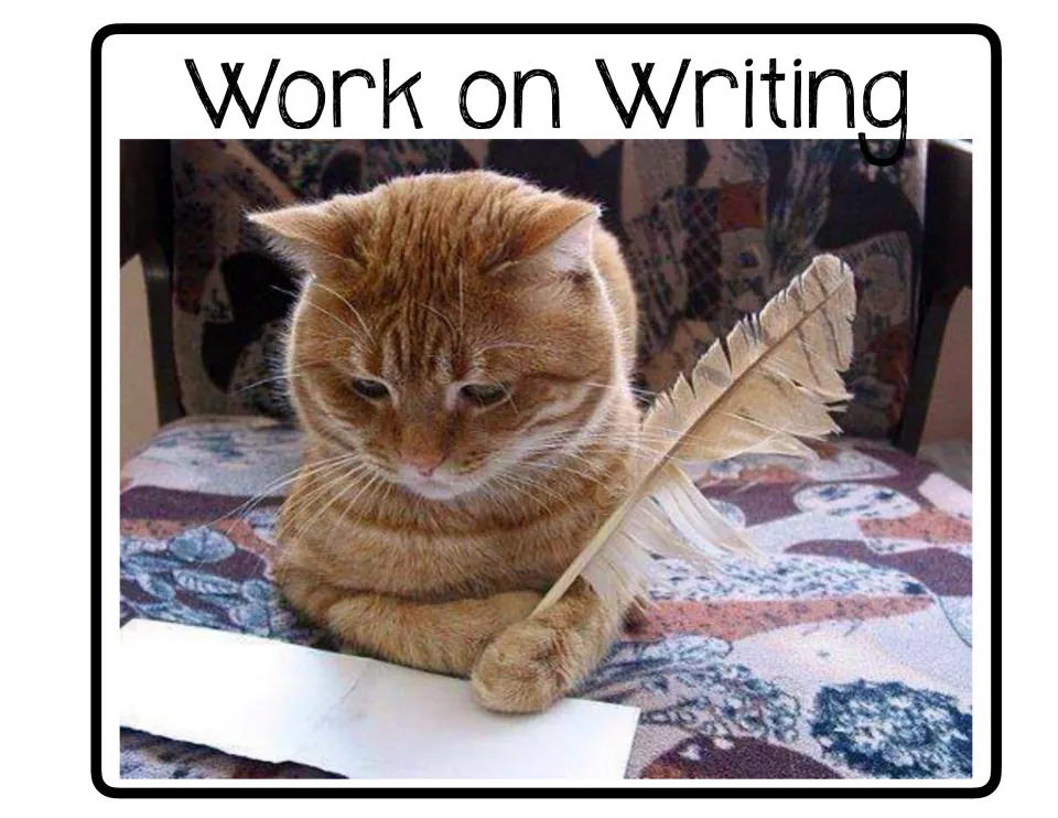 Work on Writing poster in the center rotation set, featuring an orange cat holding a quill over paper