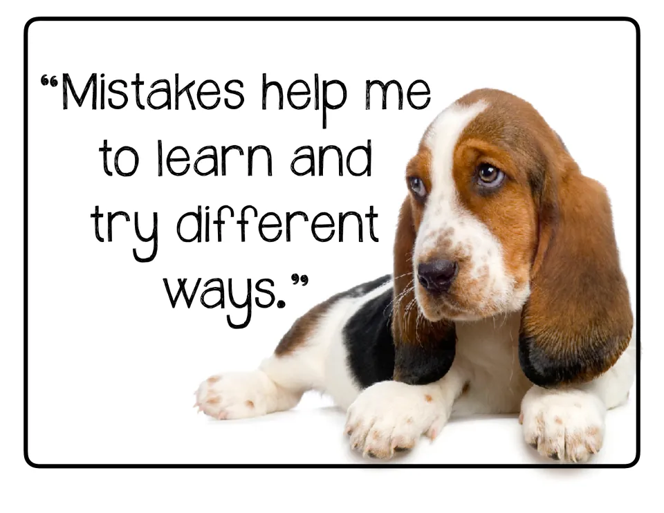 Growth mindset poster featuring a puppy: 'Mistakes help me to learn and try different ways.'
