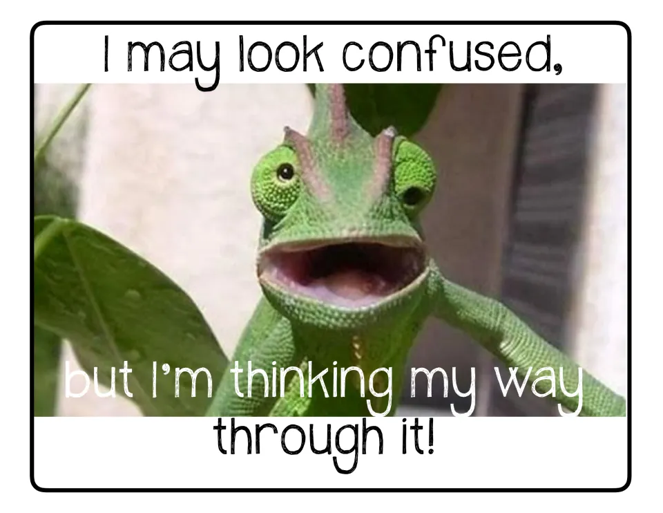 Chameleon growth mindset poster: 'I may look confused, but I’m thinking my way through it!'