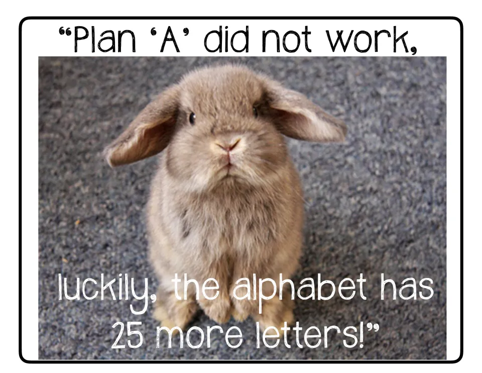 Rabbit growth mindset poster: 'Plan ‘A’ did not work, luckily, the alphabet has 25 more letters!'