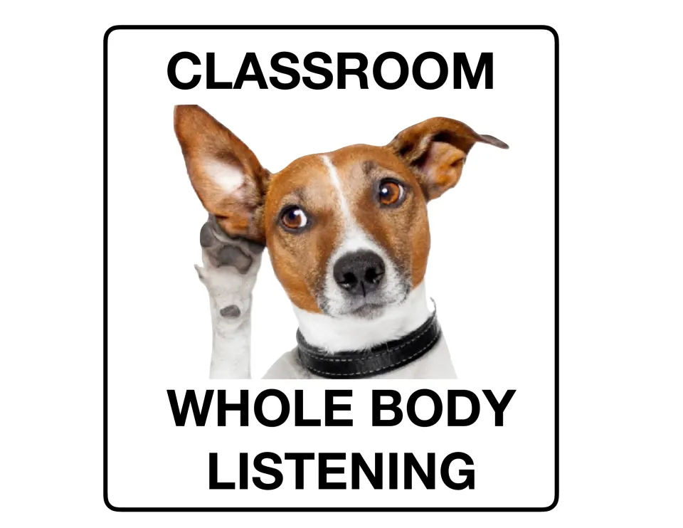 Title page for the listening poster set: 'Classroom Whole Body Listening,' with a dog raising its paw