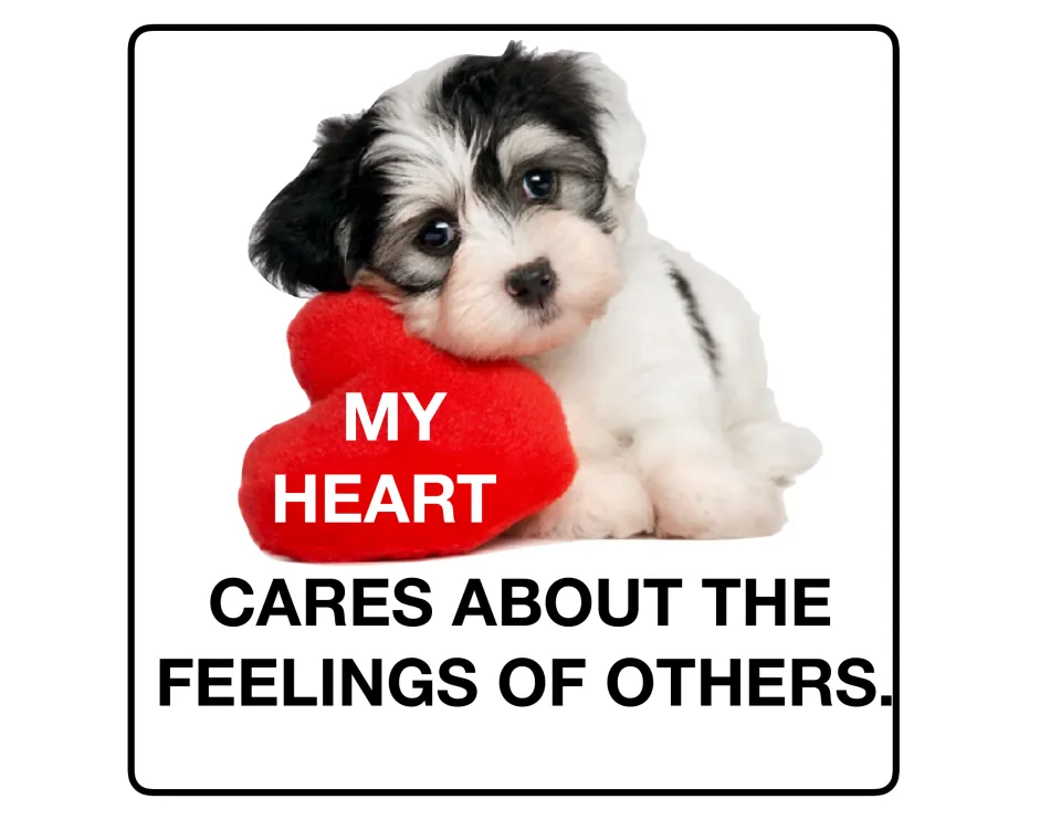 Listening poster 9 of 9: a puppy rests on a red heart beside 'My heart cares about the feelings of others.'