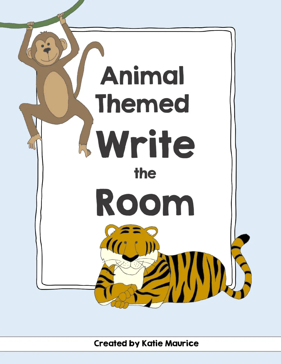 Cover of Animal Themed Write the Room by Katie Maurice, illustrated with a monkey hanging from a vine and a lying tiger