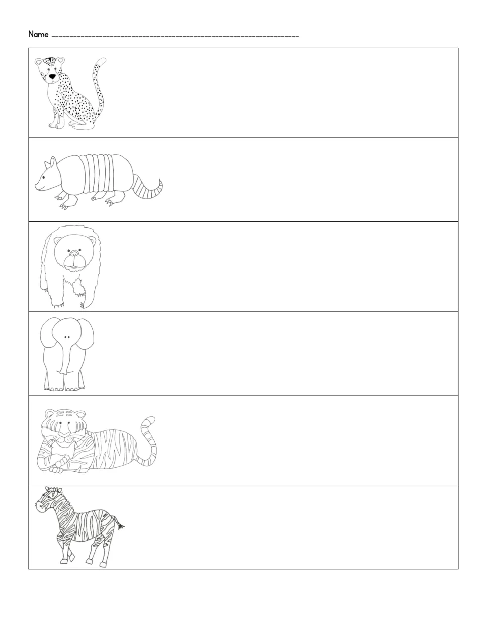 Animal word recording sheet: students write the word beside a cheetah, armadillo, bear, elephant, tiger and zebra