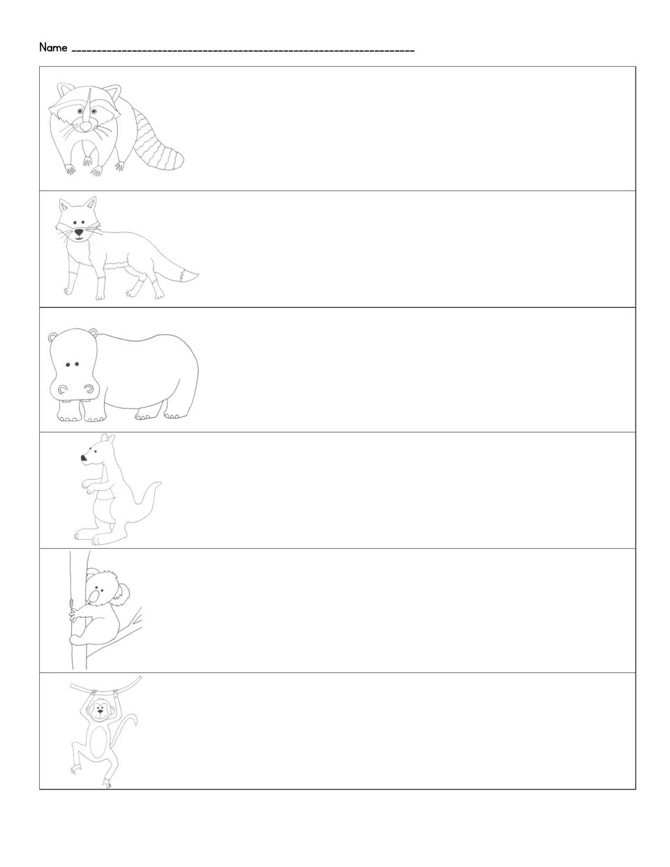 Animal word recording sheet: students write names for a raccoon, fox, hippopotamus, kangaroo, koala (sloth) and monkey