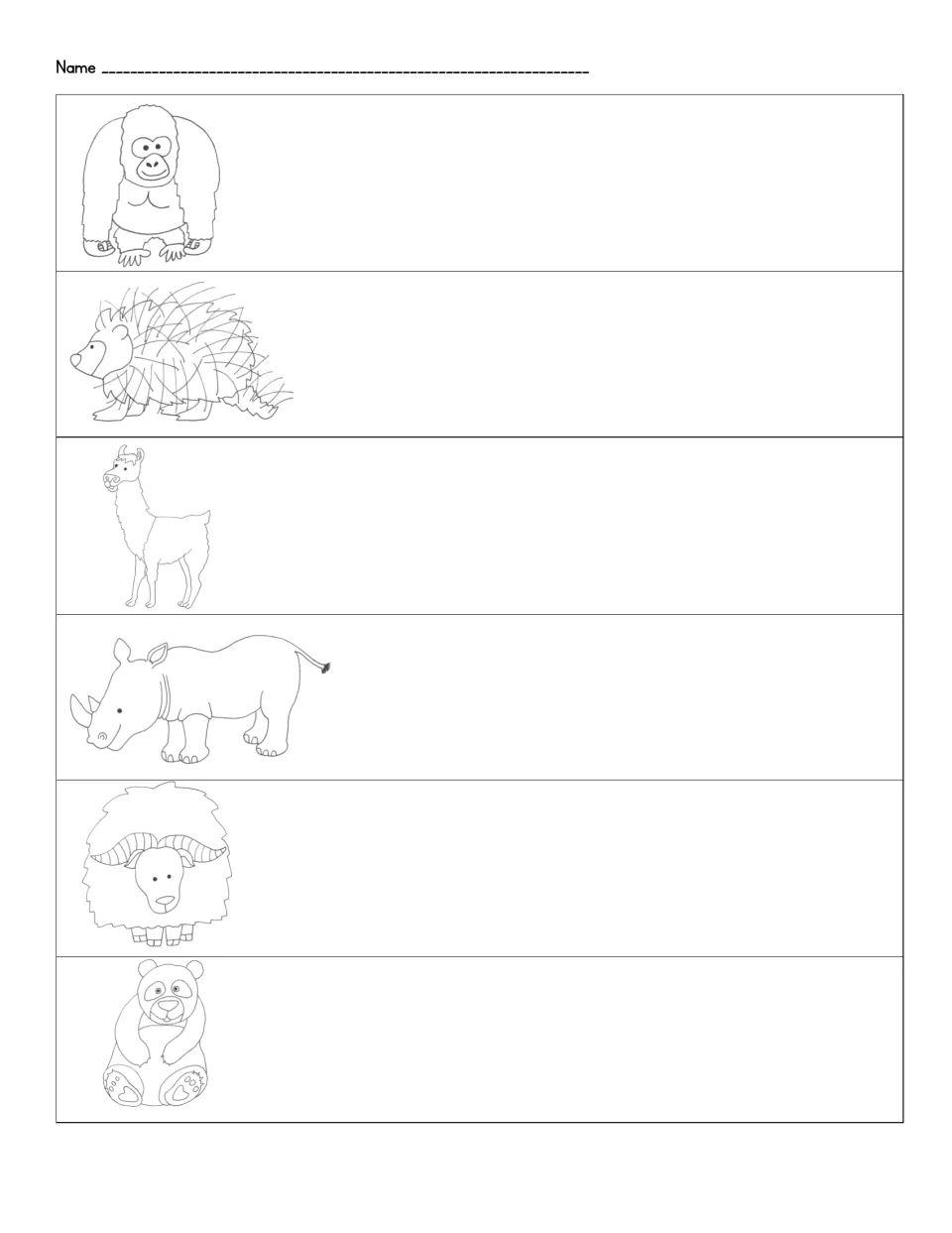 Third animal word sheet: students write names for a gorilla, porcupine, llama, rhinoceros, horned animal and panda