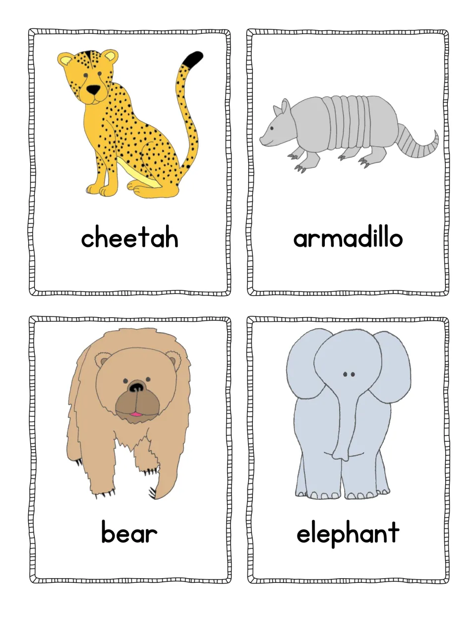 Animal vocabulary cards to post around the room: cheetah, armadillo, bear and elephant, each with a color picture