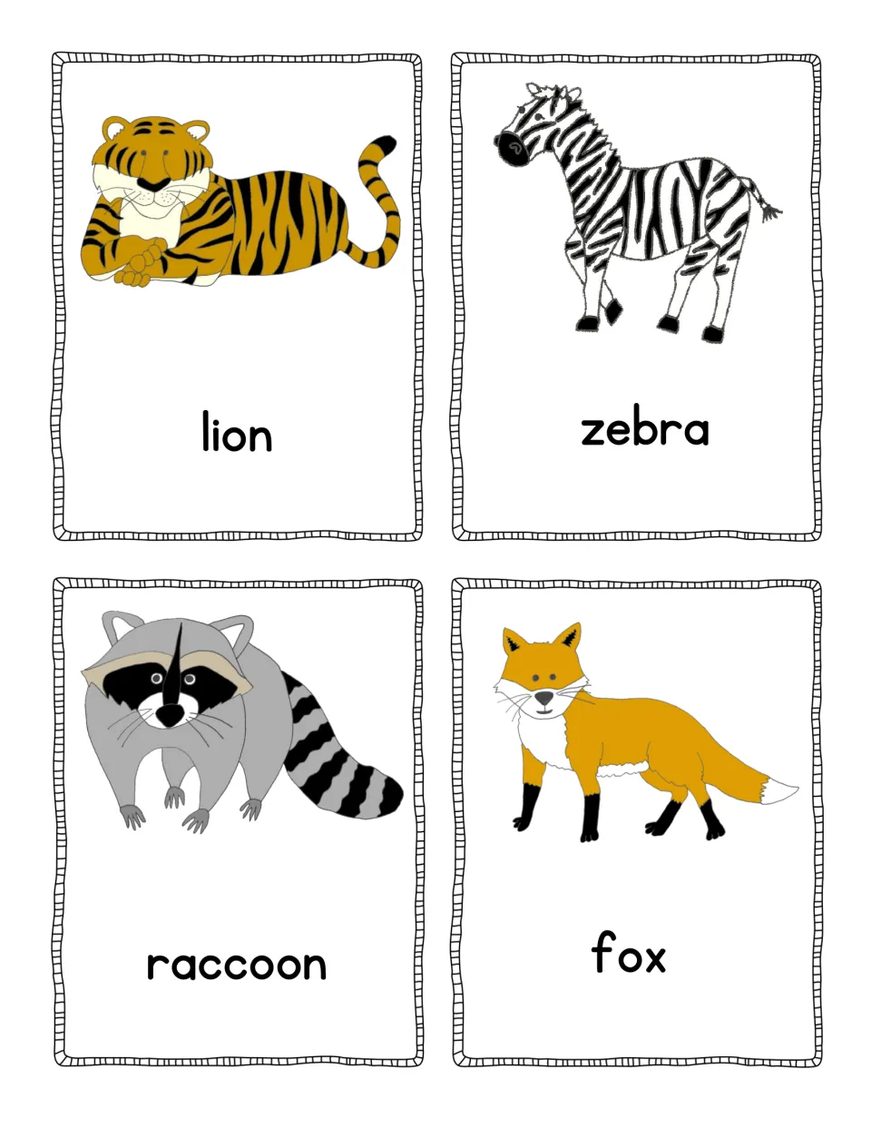 Animal vocabulary cards: lion (shown as a striped tiger picture), zebra, raccoon and fox, each word under a color drawing
