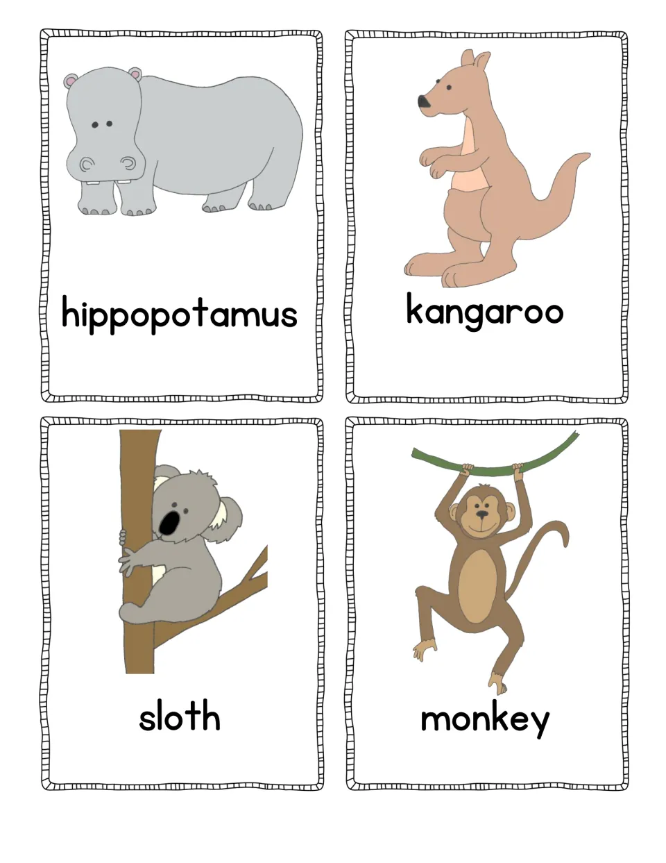 Animal vocabulary cards: hippopotamus, kangaroo, sloth (pictured as a koala on a tree) and monkey with color drawings