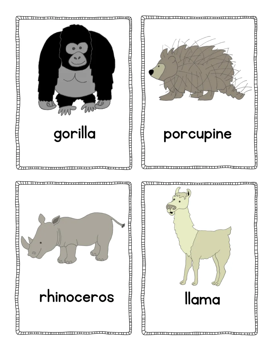 Animal vocabulary cards: gorilla, porcupine, rhinoceros and llama, each printed word paired with a color animal picture