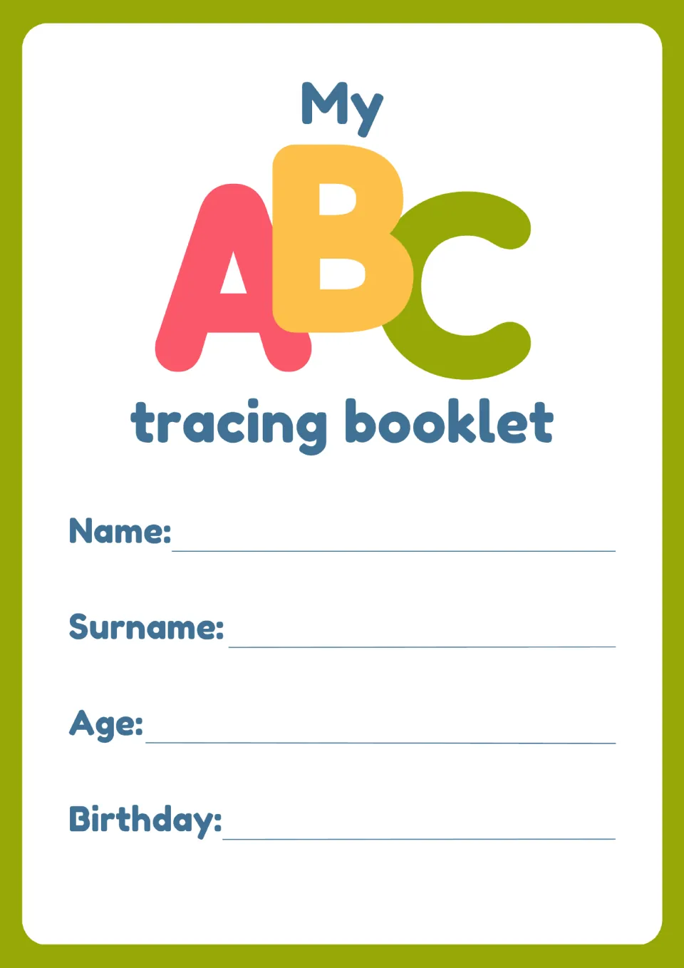Student information page for the animal alphabet mini book, headed 'My ABC tracing booklet', with personal details.