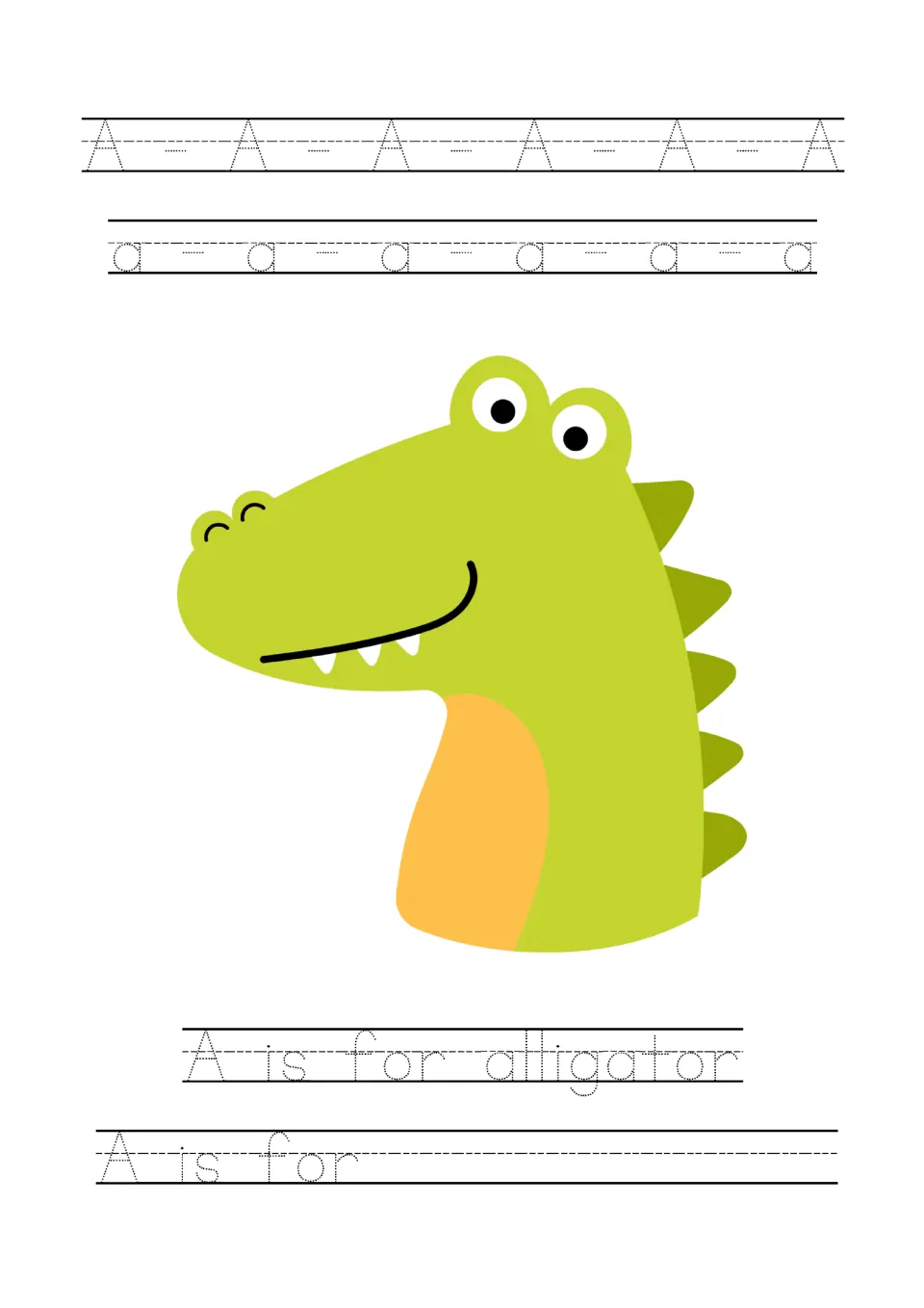 Letter A tracing page: uppercase A, lowercase a, an alligator, 'A is for alligator', and an 'A is for' prompt.