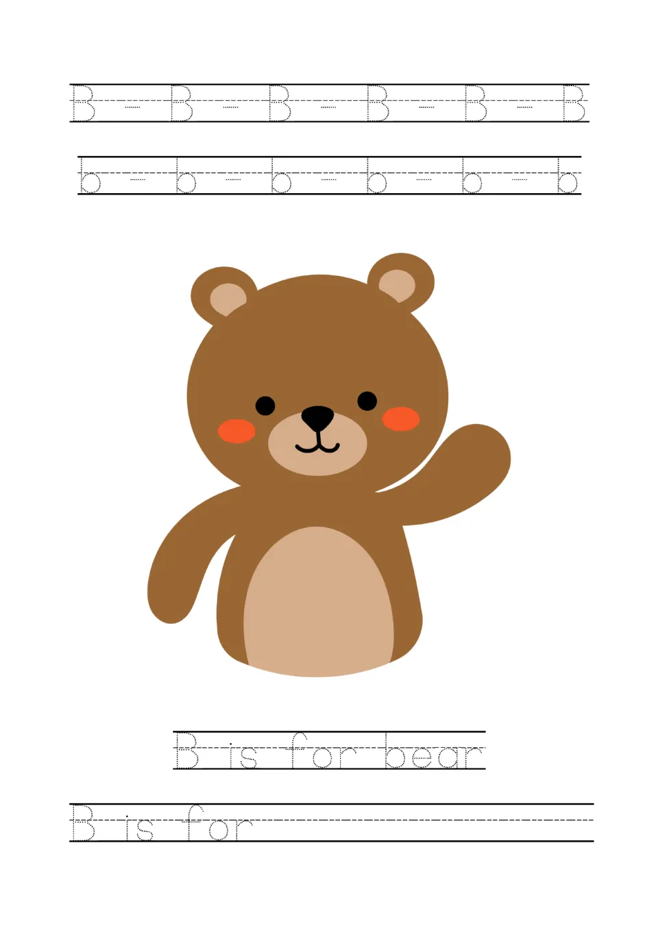 Letter B tracing page: uppercase B, lowercase b, a bear picture, 'B is for bear', and a 'B is for' prompt.