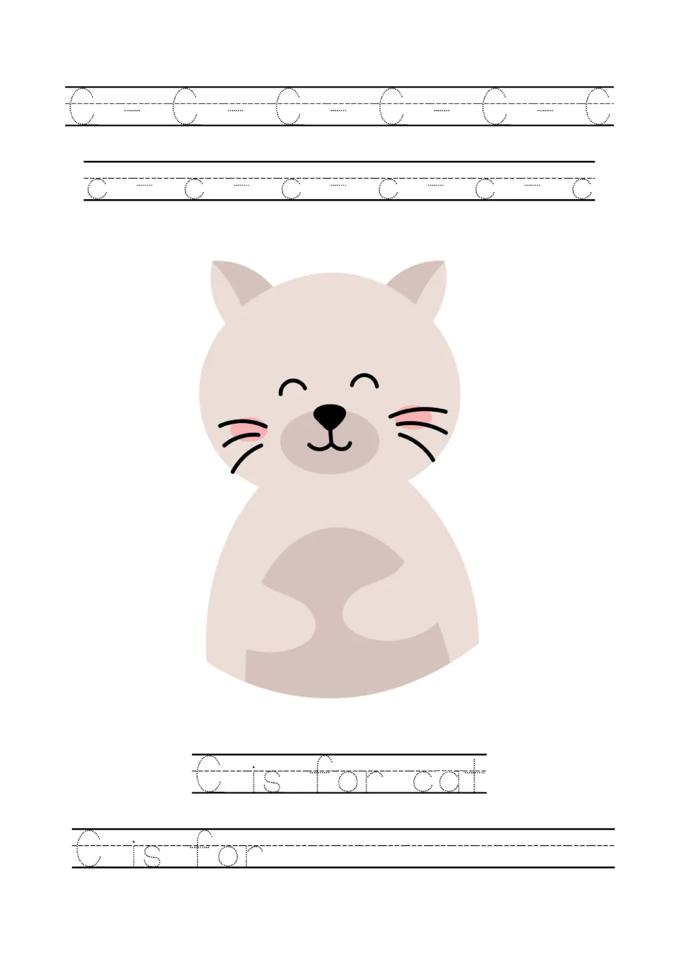 Letter C tracing page: uppercase C, lowercase c, a cat picture, 'C is for cat', and a 'C is for' prompt.