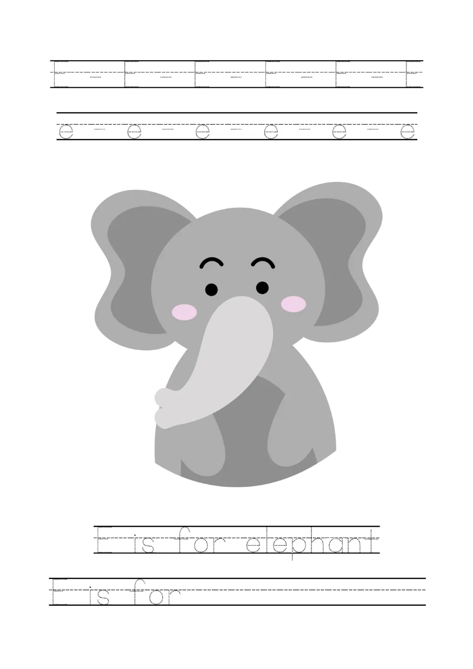 Letter E tracing page: uppercase E, lowercase e, an elephant, 'E is for elephant', and an 'E is for' prompt.