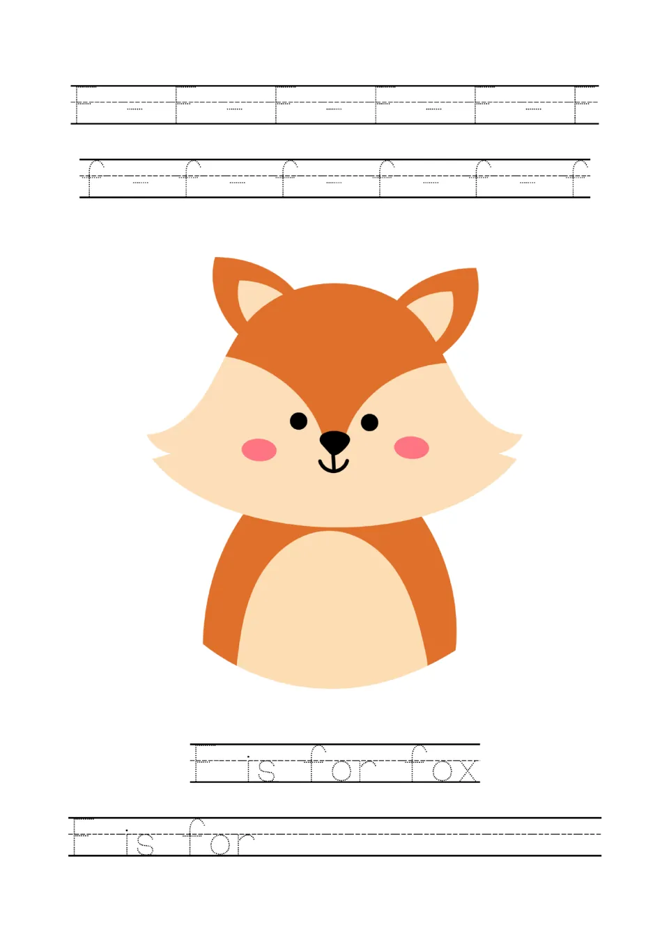 Letter F tracing page: uppercase F, lowercase f, a fox picture, 'F is for fox', and an 'F is for' prompt.