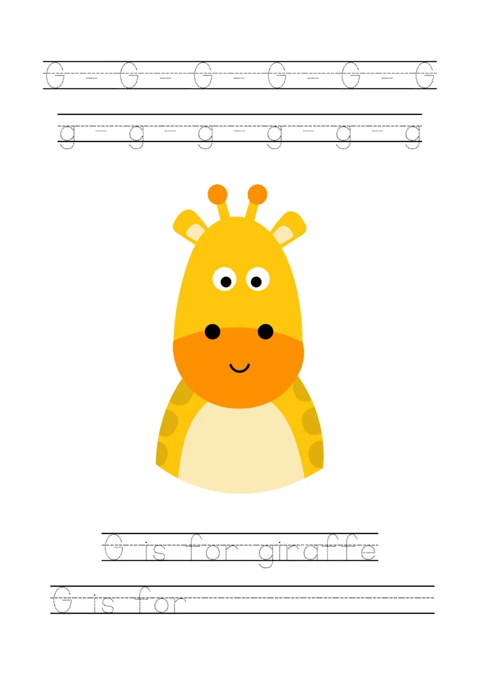 Letter G tracing page: uppercase G, lowercase g, a giraffe, 'G is for giraffe', and a 'G is for' prompt.